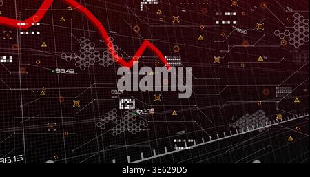 Displaying thick red trend line cutting across virtual dashboard, showing grid, numeric readouts Stock Photo