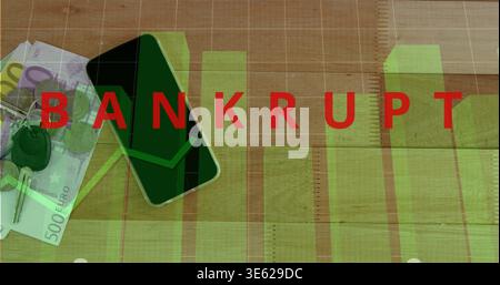 Showing smartphone with green downward arrow sitting on wooden table, Euro notes, car key, BANKRUPT Stock Photo