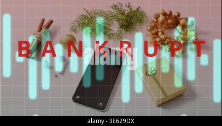 Displaying black smartphone resting on pale pink tabletop, showing cyan waveform and red BANKRUPT Stock Photo