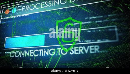 Displaying UI showing CONNECTING TO SERVER on neon grid, with cyan bar and green padlock shield Stock Photo