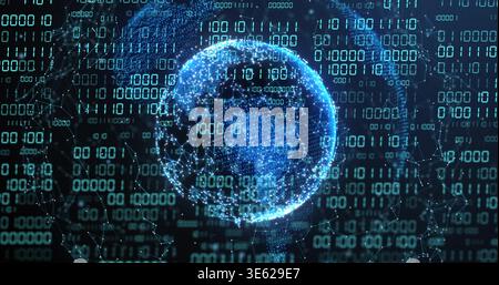Rotating glowing 3D digital globe pulsing within digital space, with binary streams and mesh Stock Photo