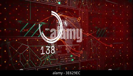 Displaying white circular indicator 138 over dotted world map on dark red UI, with glowing lines Stock Photo