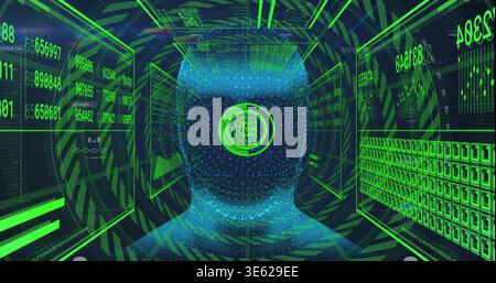 Displaying holographic head silhouette pulsing inside data corridor with side panels, circular HUD Stock Photo