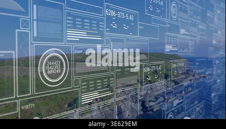 Displaying translucent data panels and graphs over coastal cliffs, showing numeric readouts Stock Photo