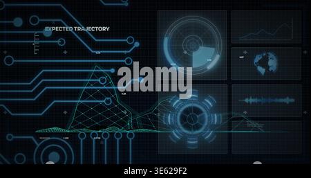Displaying 3D wireframe terrain mesh plotting expected trajectory on control display with radar Stock Photo