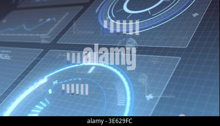 Displaying holographic circular dial spinning over virtual grid plane, with segmented bar charts Stock Photo