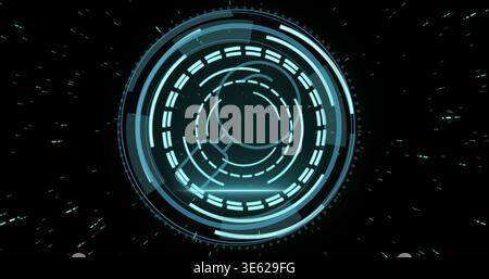 Displaying central holographic circular interface pulsing in virtual space, with concentric rings Stock Photo