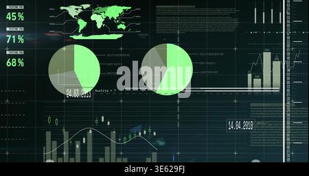 Displaying digital analytics dashboard on monitor at control room, with pie charts and candlesticks Stock Photo