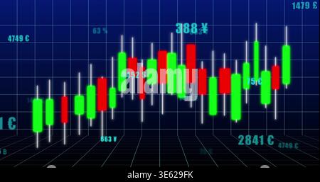 Displaying green and red candles with white wicks on 3D grid floor, showing cyan currency labels Stock Photo