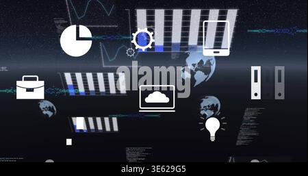 Displaying centered tech icon cluster in space backdrop showing pie-chart laptop-cloud code-streams Stock Photo