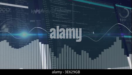 Displaying data dashboard showing vertical bar chart with glowing waveform on screen code panels Stock Photo
