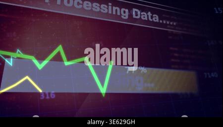 Displaying neon green jagged and yellow lines with 77% progress bar on dashboard, Processing Data Stock Photo
