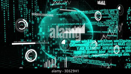 Rotating holographic globe glowing in virtual data dashboard, showing code streams and HUD dials Stock Photo