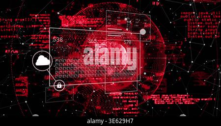 Showing red wireframe globe overlaying UI windows in cyberspace, featuring numeric labels padlock Stock Photo