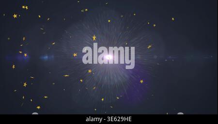 Radiating white purple burst emitting radial rays at dark navy sky, surrounding golden stars Stock Photo