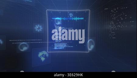 Displaying holographic panel floating in VR data space showing code waveform globe icons grid walls Stock Photo