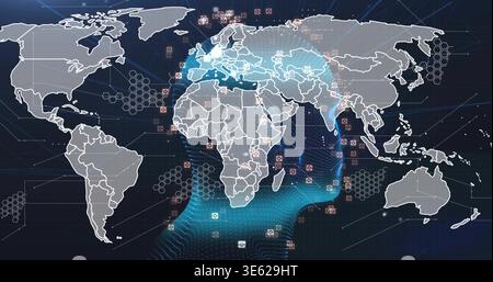 Displaying stylized world map with continent outlines and country borders, turquoise heatmap, icons Stock Photo