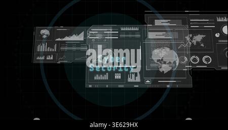 Displaying cybersecurity dashboard in console, showing HUD panels, 'Cyber Security' label and globe Stock Photo