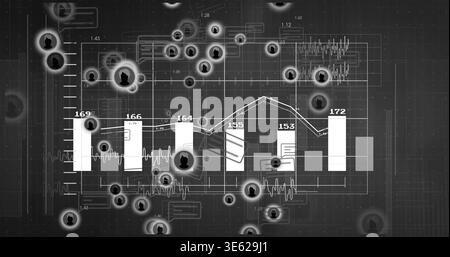 Displaying central bar chart with overlaid line graph on dashboard, showing floating avatar nodes Stock Photo