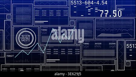 Displaying blueprint dashboard filling screen, showing jagged cyan line chart and circular gauge Stock Photo