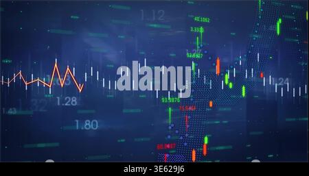 Displaying digital market dashboard showing candles and orange line graph with numeric labels Stock Photo