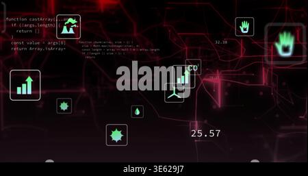 Showing centered neon-green icons floating in maroon dashboard with panels, code digits, red grid Stock Photo
