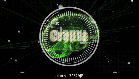 Displaying circular HUD showing green mesh brain overlaid crypto text in cyberspace with node lines Stock Photo