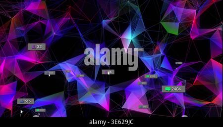 Rendering neon low-poly mesh with lines and floating UI badges on black backdrop, cursor appearing Stock Photo