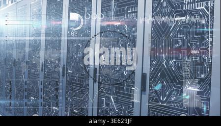 Glowing row of server cabinets displaying HUD overlays in data center aisle, circuit fronts Stock Photo
