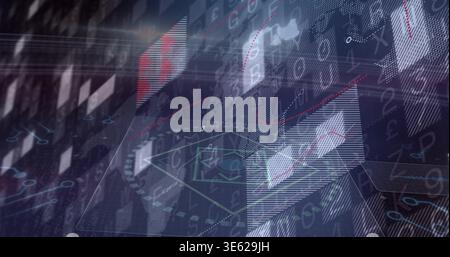 Displaying centered clear 3D panel floating on digital screen, with trend lines, currency symbols Stock Photo