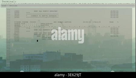 Displaying terminal showing code listing with column rulers, SQL and block cursor over port cranes Stock Photo
