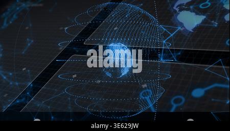 Projecting dotted point-cloud globe rotating with concentric rings in VR HUD, showing grid and map Stock Photo