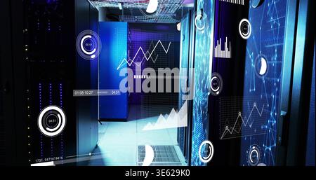 Displaying central server cabinets showing HUD analytics in data center aisle, LEDs, grates Stock Photo