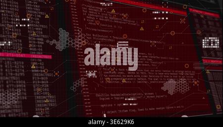 Showing red terminal displaying marked code on security UI, with REDACTED labels and hex Stock Photo