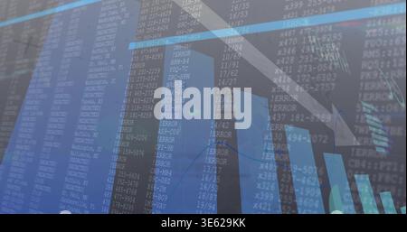 Displaying financial dashboard on-screen, showing vertical bars, downward curved arrow, ERROR codes Stock Photo