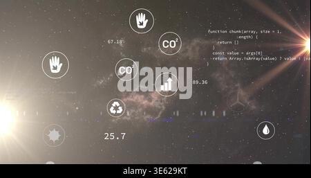 Displaying central HUD icons floating in deep space over nebula showing numeric readouts and code Stock Photo