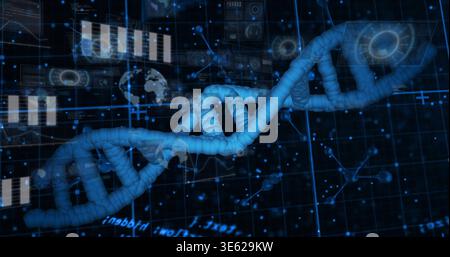 Displaying blue DNA helix twisting across virtual dashboard, showing grid, HUDs, molecular diagrams Stock Photo
