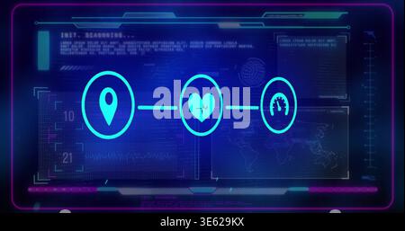 Displaying futuristic diagnostic HUD at virtual desktop, featuring three neon cyan circular icons Stock Photo