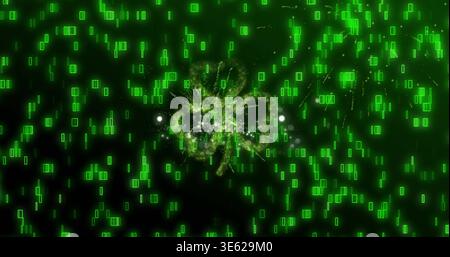 Radiating central particle burst glowing in virtual digital space, with neon glyphs and orbs Stock Photo