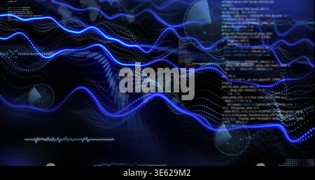 Displaying glowing blue sine waveforms across virtual dashboard, featuring dot mesh, HUD, code Stock Photo