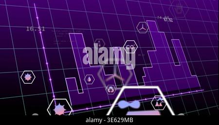 Displaying stepped purple bar chart on virtual dashboard, showing white hexagon overlay, CO2 icons Stock Photo
