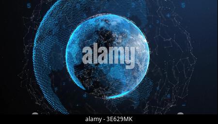 Rotating digital Earth globe pulsing with network nodes in virtual 3D data space, numeric overlays Stock Photo