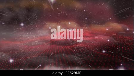 Glowing red nebula hovering over red dotted grid plane in outer space, with motion streaks Stock Photo