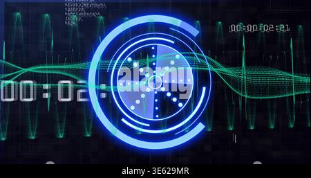 Displaying central neon-blue concentric HUD on virtual control panel, showing green waveform lines Stock Photo