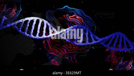 Displaying blue 3D DNA double helix tilting across dark digital art, with neon contours, particles Stock Photo