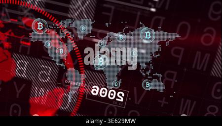 Displaying dotted world map with Bitcoin markers glowing on digital dashboard, red radar arc nearby Stock Photo