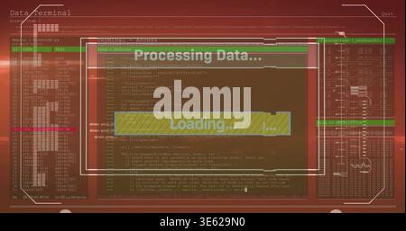 Displaying central translucent modal showing Processing Data and yellow loading bar on dashboard Stock Photo