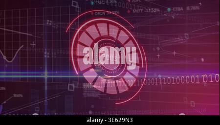 Displaying central radial gauge reading 7005 on control screen, with binary stream and graph Stock Photo