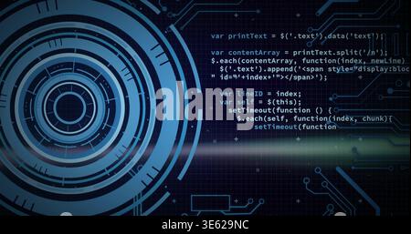 Displaying large blue concentric HUD graphic on left of UI showing code, grid, flare, copy space Stock Photo