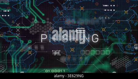 Displaying centered PHISHING label glowing over world map on cyber dashboard, with hex grid Stock Photo